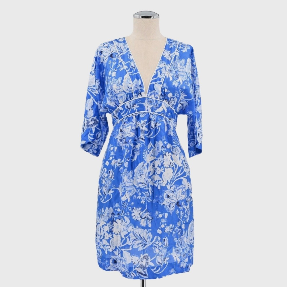 Socapri Floral Silk V-Neck Dress Womens Size XXS Blue White Italy Resort Luxury